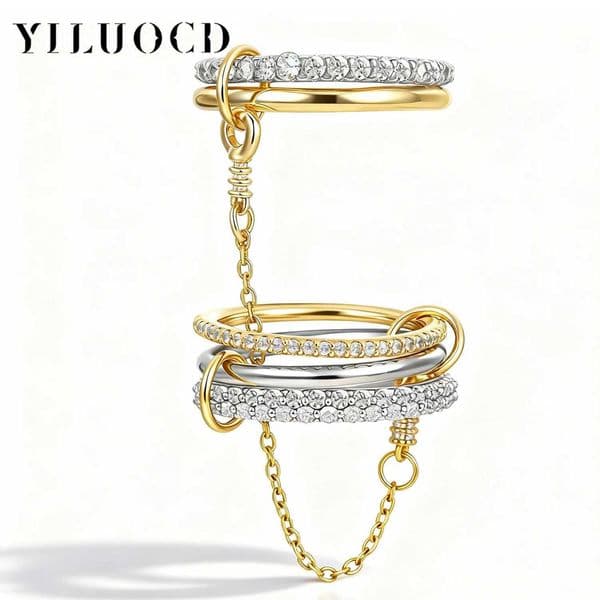 5pcs Gold Plated Linked Chain Stackable Rings for Women Statement Cubic Zirconia Interlocking Rings Multi-Link Connected Jewelry L260527