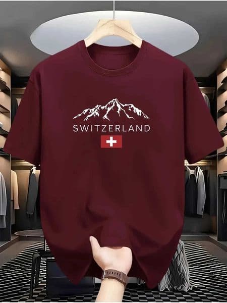 Mens summer 100 cotton fashionable casual loose sports Swiss mountain pattern printed round neck short slved T-shirt top D260527