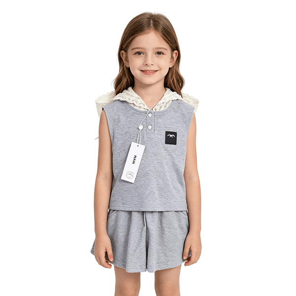 Summer Casual 2 Piece Set Designer Style Girls Outfit Kids Sleeveless Hoodie Sweet Lace Top For Girls Cute A Line Shorts With Pockets