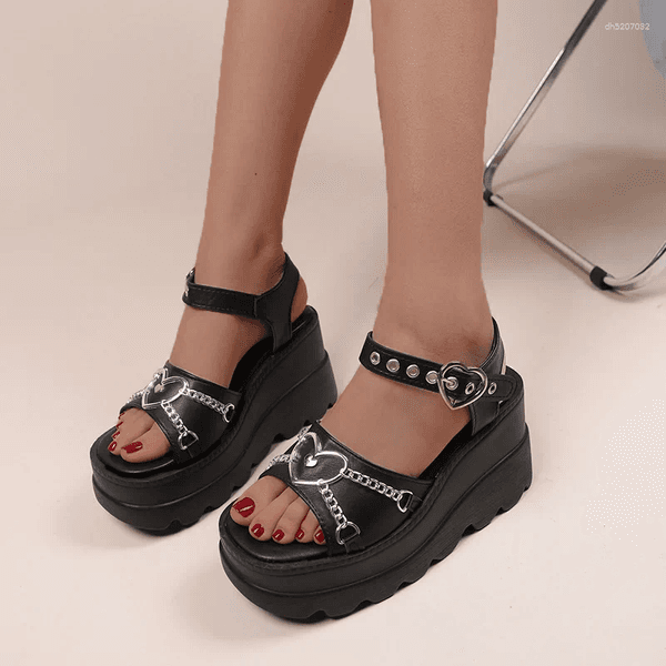 Sandals 35-42 Plus Size Fashion Slope Heel Women Metal Chain Decoration Female Platform Buckle Shoes Women's Tide