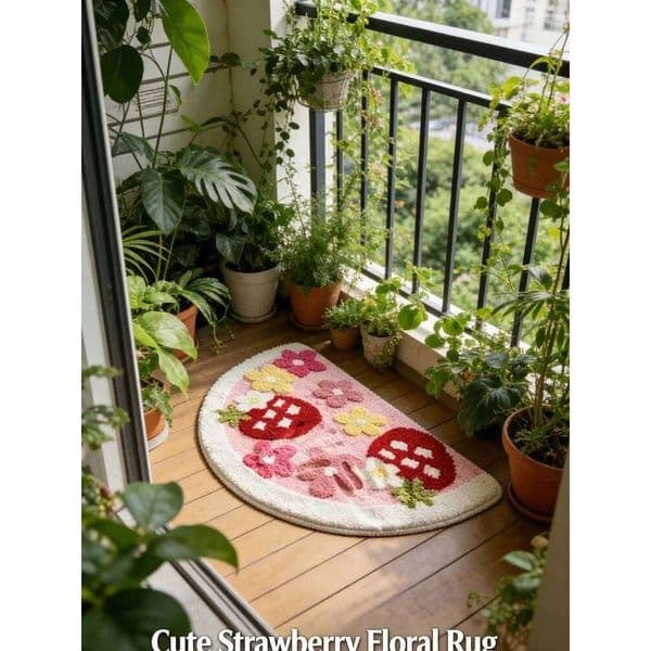 Strawberry Flower Semi-Circle Doormat, Cute Plush Non-Slip Rug, Aesthetic Floor Mat for Bedroom Bathroom Entry 26Y0527