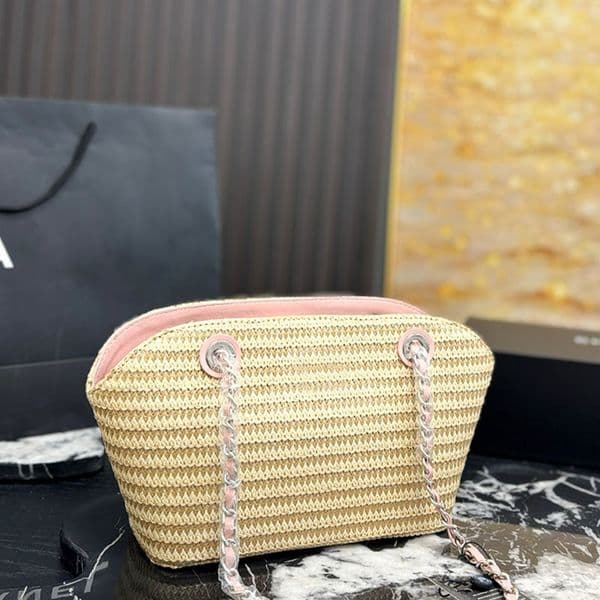 Ladies Knitting Straw Tote Beach Shopping Bag Leather Metal Woven Chain Silver Buckle Hardware Summer Medium Underarm Wallet Shoulder Handbag Leisure Purse 23cm