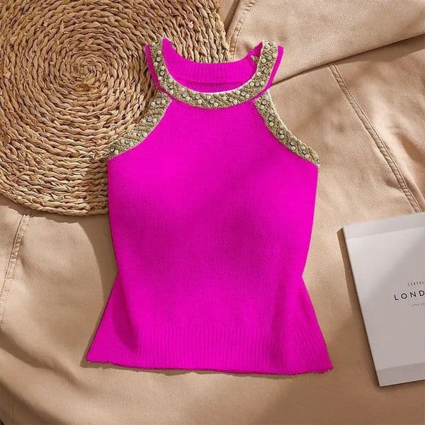 2026 Summer Sleeveless Knitted Vest Shirt Slim Halter Neck Beaded Tops Slim Sexy Bright Silk Women Camisole 260527