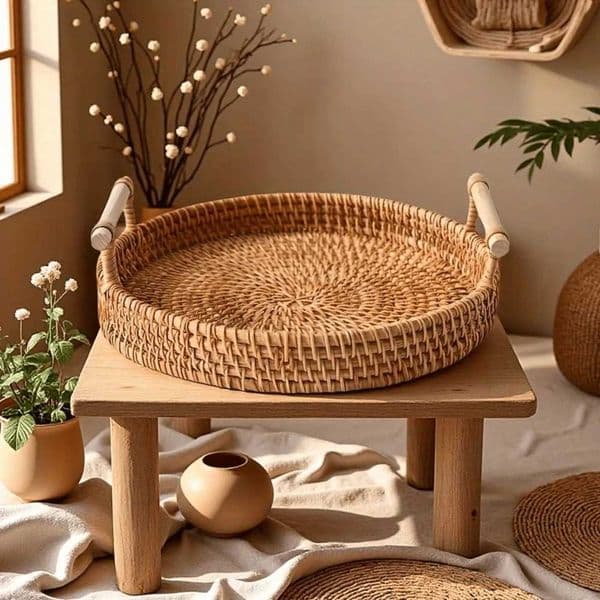 Vintage Handwoven Rattan Tray - All-Season Round Storage Basket with Wooden Handle Suitable for Home BedroomJ260527
