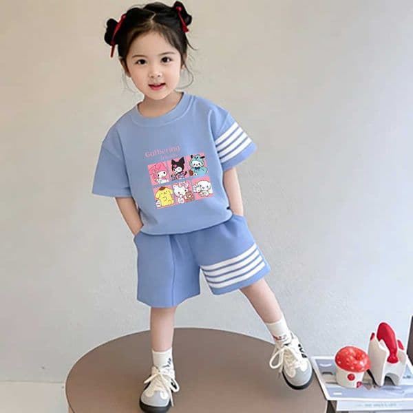 Kuromi summer new four-bar short-sleeve shorts two-piece set trendy sweet and cool style T-shirt for boys and girls L260521GDIF