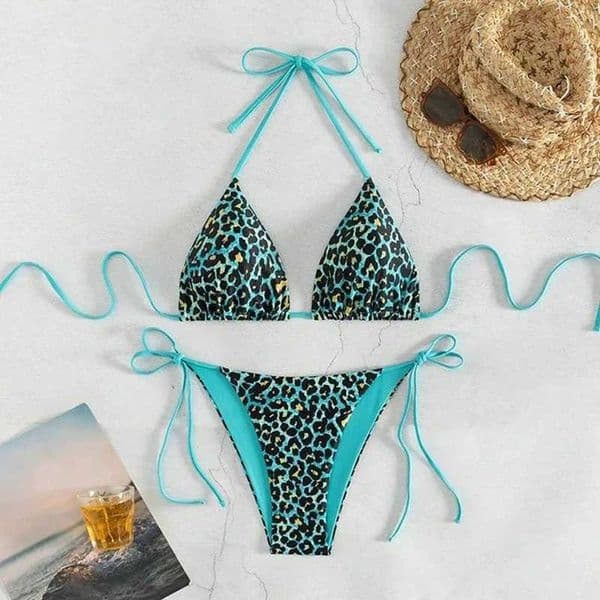 Sexy Leopard Print Bikini Swimsuit Women Summer New Lace-Up V-Neck Tops Triangular Swimwear American Beach Bikini 2 Piece Set C260527
