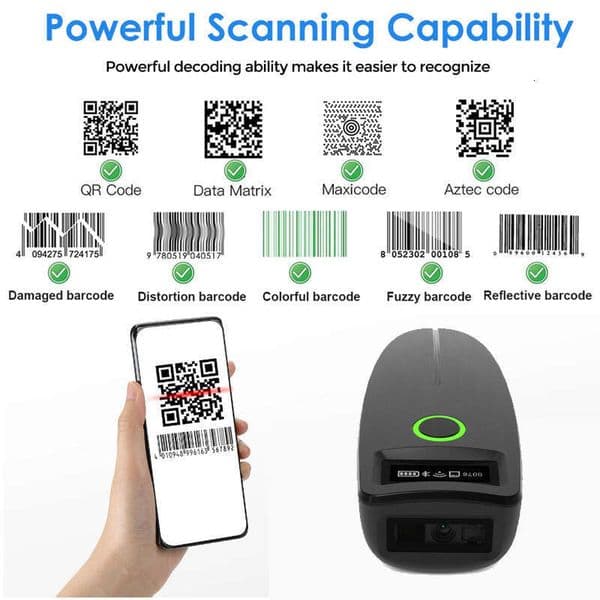 C60 Bluetooth Barcode Scanner, 1-Second QR Code Wireless Reader, Handheld Scan Gun for Supermarket Logistics Express Delivery