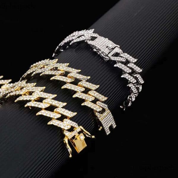 DHCollections Iced Out Cuban Link Chain Necklace for Men Women Spike Design Bling Rhinestone Hip Hop Choker Gold & Sier Plated Statement Jewellery 36