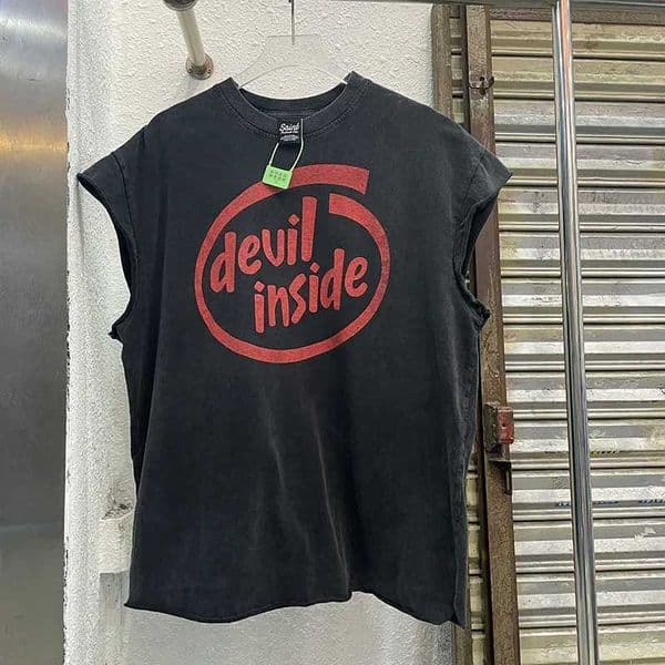 Red Letters Saint Devil Inside Sveless T Shirt Men Women High Street Vintage Washed Black Tank Tops Sve-Cut T-Shirt L260527