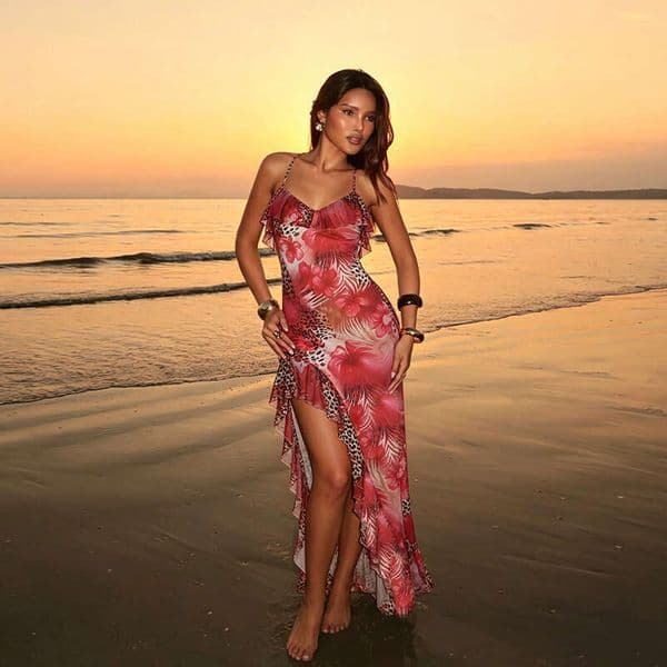 Bohemia Beach Dresses Zx26121pfo Backless Sexy 2026 European And American Summer Style Strapless Printed Slit Dress