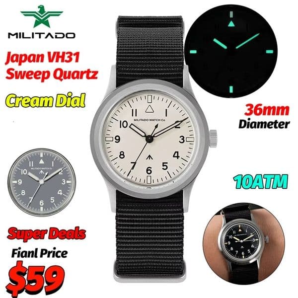Militado ML14 Quartz Watch Cream Dial VH31/VH65 Sweep Movement Bubble K1/ Sapphire Luminous 36Mm Vintage Watches 100M Waterproof 260526CJ