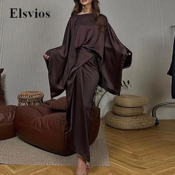 Stylish Vintage Solid Lace-Up Top And Skirt Elegant Bat Wing Sleeve Party Suit Casual Satin Shawl Irregular Office Two-Piece Set 260522
