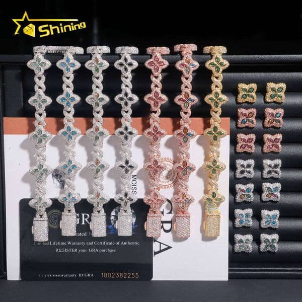 Hot Sale VVS Iced 925 Silver 18k Gold Plated Colorful Silicon Stone Flower 7inch Bracelet 15mm Earrings Jewelry Set