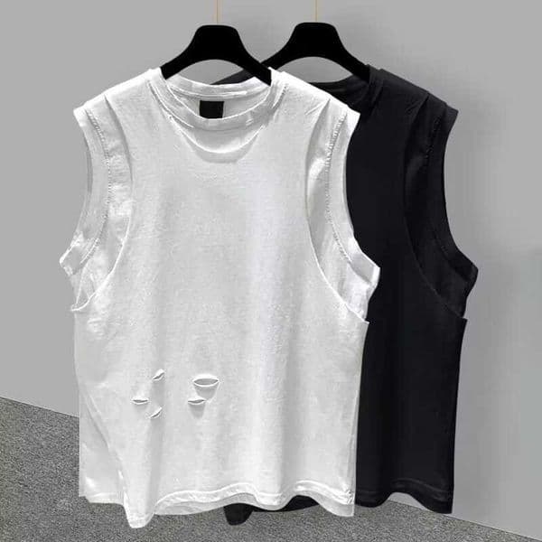 Sleeveless Vest for Men Summer Trendy High Street Sports Tank Top Korean Style Base Layer Distressed White Short Sleeve T-Shirt L260527