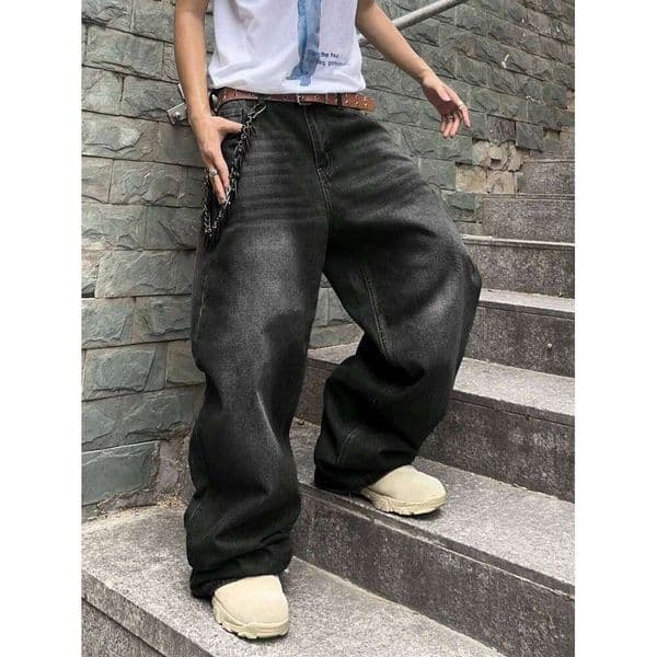 1Pc Men's Casual American Loose Jeans for Everyday Wear, Black, Light Sea Blue, Fashionable Street Style Retro Lantern Jeans, Pants, 26Y0527