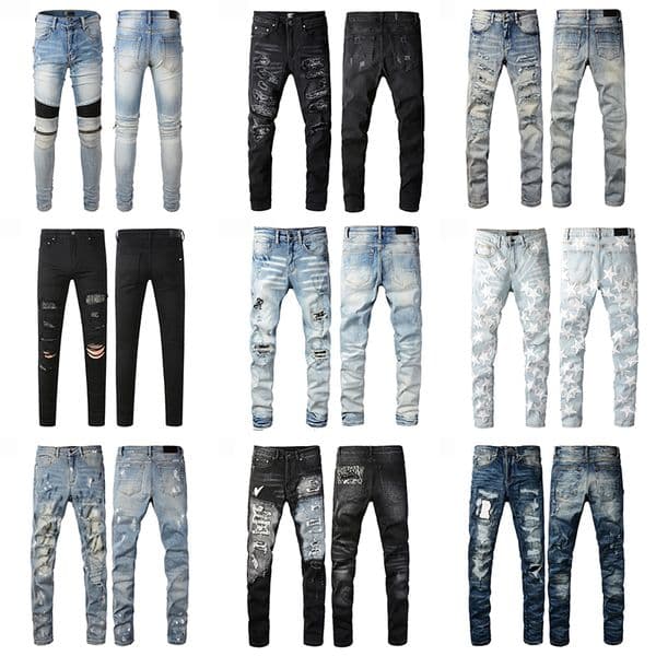 AMM Jeans Mens Black Ripped Biker Slim Fit Bikers Denim Fashion Statement Denim Distressed Design Womens Slim Fit Denim Pants High Quality Breathable Jeans