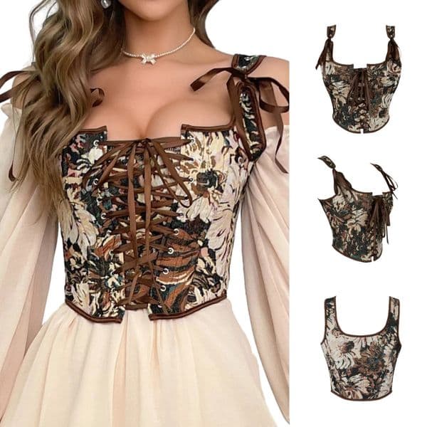Vintage Jacquard Corset Tops Sexy Floral Bustier Crop Top Tank Camisole For Women French Korset Tie-up Top Court Fit Vest Bodice z260527