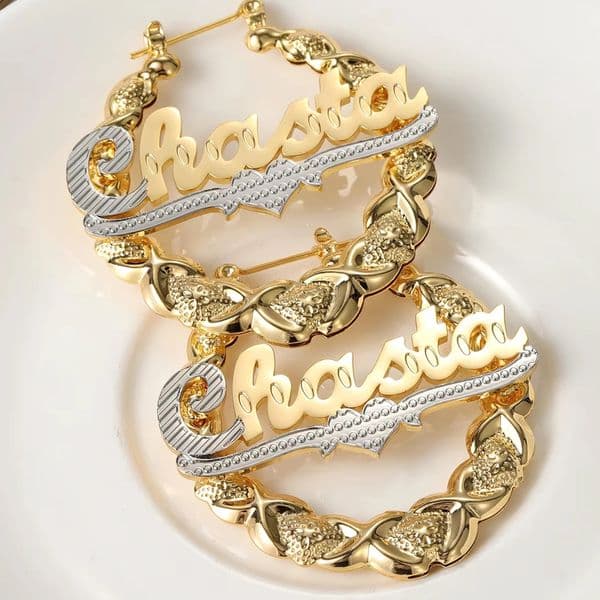 Qitian XOXO Hoop Name Earrings Custom Heart Names Earring Bamboo Earrings Nameplate Personalized XO Earrings For Women Gifts 260526