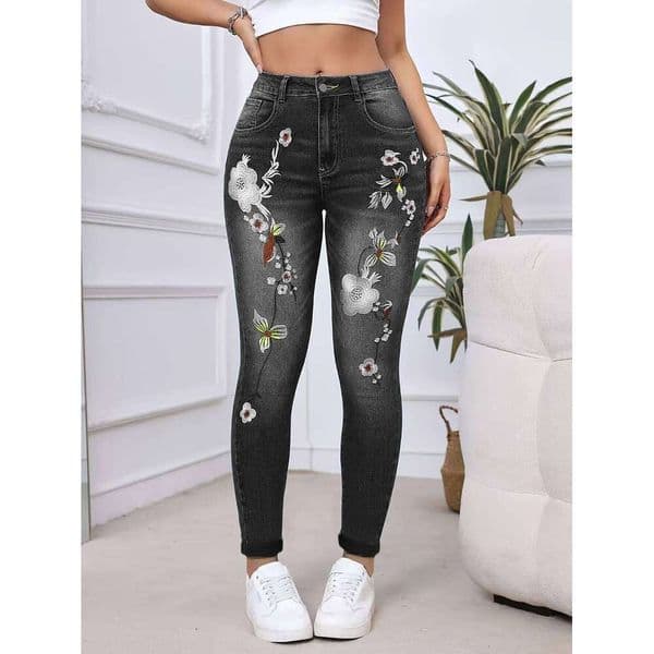 Y2k Jeans For Woman High Waisted Floral Embroidery Skinny Stretch Denim Trousers Slim Fit Ankle Length Elegant Female Pants