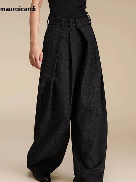 Mauroicardi Spring Autumn Oversized Long Flowy Retro Plaid Baggy Wide Leg Pants for Mens Elastic Waist Elegant Trousers 2026 260526