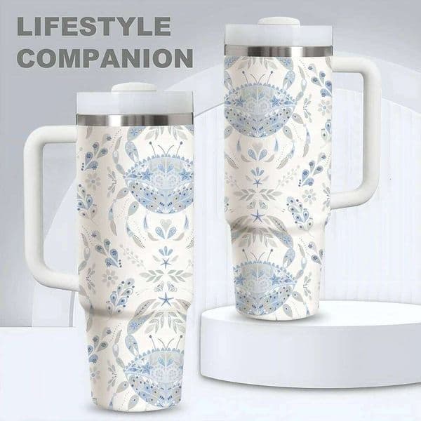 Blue Vintage Ocean Series Vacuum Flasks 40oz Stainless Steel Insulated Tumbler With Handle & Straw Leakproof Travel Mug 26L0527