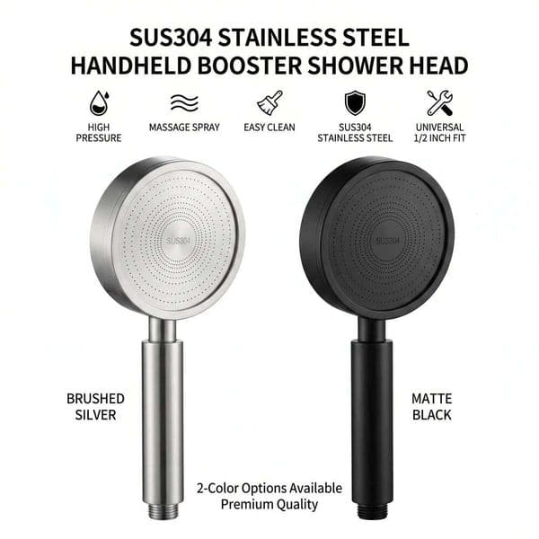 304 Stainless Steel Handheld Shower Head High Pressure Spray, Universal 1/2 Connector, Bathroom Sprayer for Home Use 26Y0527