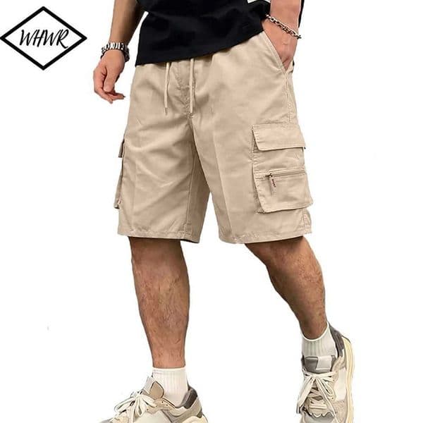 Mens Straight Cargo Shorts Lightweight Breathable Solid Color Drawstring Waist with Zipper Pockets Casual Summer Short Pants L260526