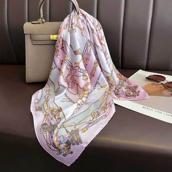Luxury Brand 2025 Chain Print Square Silk Scarf for Women Hijab Hair Bands 70cm Neckerchief Female Satin Shawl Ribbon Headband C260527