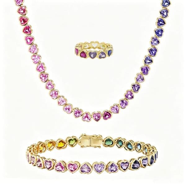 Colorful Lover Heart Tennis Chain Necklace Bracelet Ring 18K Gold Plated Jewelry Women Girl Gift