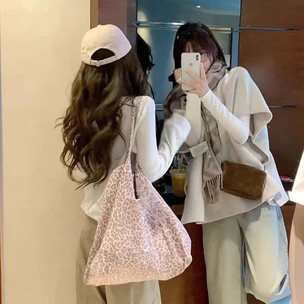 Pink Leopard Print Large Capacity Tote Trendy Bag Womens Commuter Single Oulder Bag Handbag Korean Sle Nylon Casual Bag 260527
