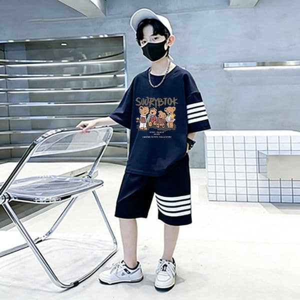 2026 Boys Cute Bear Print Loose Short-Sleeve Set Summer Childrens Lightweight Breathable Shorts Two-Piece Set L260521X5RN