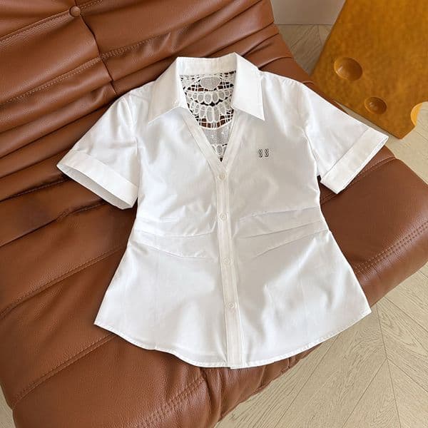 Women Sexy Lace Shirts Designer White Slim fit Hollow Out Blouses Summer Campus Commute Backless Shirts
