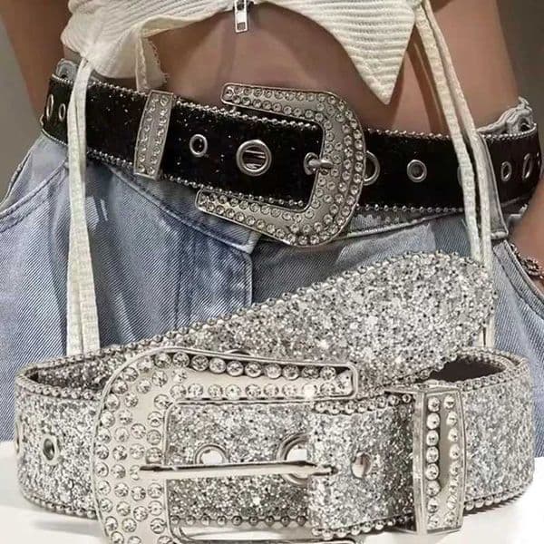 Y2K Fashion Full Rhinestone Studded Belts PU Leather Bling Crystal Adjustable Glitter Waistband for Club Party L260527