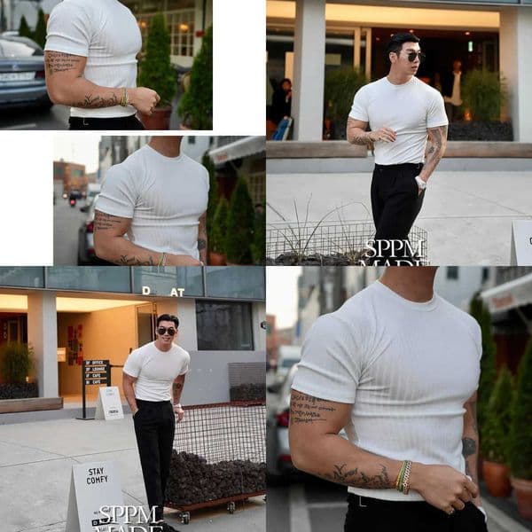 INS Fashion Muscle Fitness Mens Summer Sports Fitness Leisure Round Neck Elastic Short Sleeve Vertical Stripe T-shirt X260527