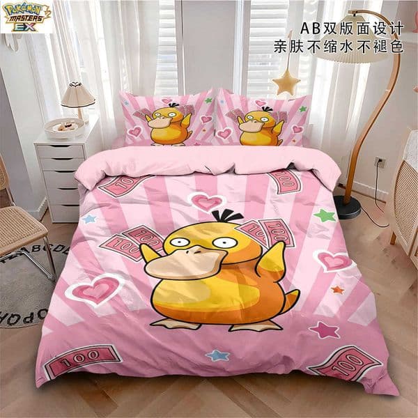 Psyduck four-piece set cute cartoon childrens bed sheet and duvet cover Pokmon pillowcase and quilt cover dormitory bed three-piece set L260527YDXD