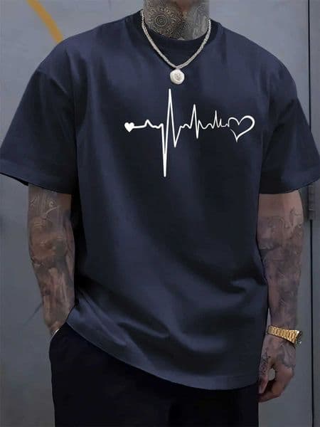 Mens Summer 100 Cotton Fashionable Casual Loose Large Heartbeat Creative Printed Sports Round Neck Short Slve T-shirt Top D260527