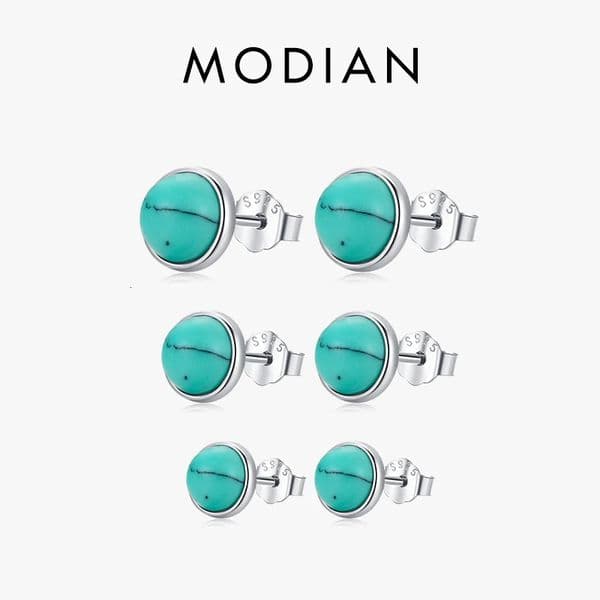 Modian 925 Sterling Silver Green Round Turquoise 4MM 5MM 6MM Stud Earrings Vintage Elegant Female Jewelry For Women Gifts 260526