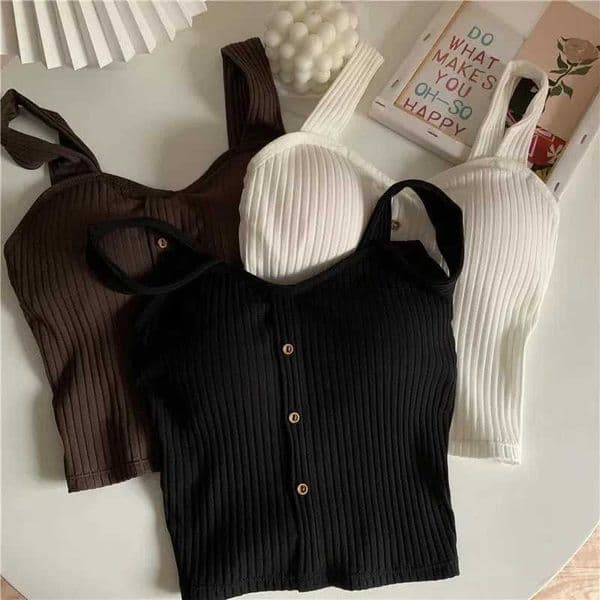 Y2K Womens Cropped Tops with Bra Pads Summer Corset Korean Suspenders Vest Sexy Camisole Slim Solid Casual Fake Buckle Tank Top H260527