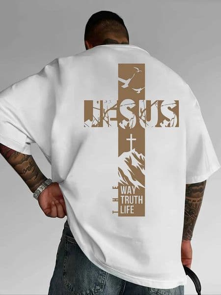 Summer Christian Style Jesus Cross Pattern Printed Short-sved 100 Cotton Mens T-shirt with Faith Theme Loose and Trendy Top D260528
