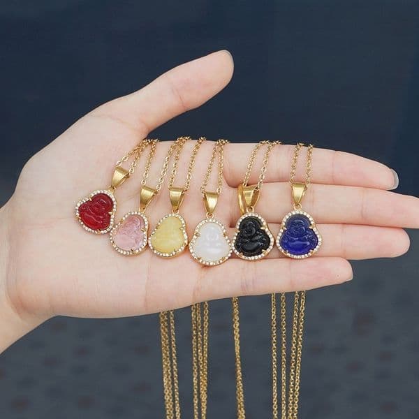 Diamond-studded Mini 18k Gold Pendant Fashionable Light Luxury Big Belly Maitreya Buddha Glass Chalcedony Necklace Designer Jewlery For Women