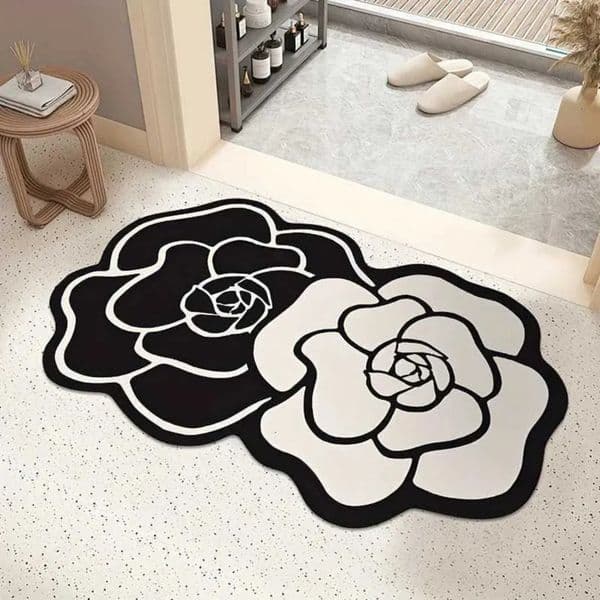 2026 Luxury perfume 1Pc Elegant Floral Non-Slip Mat - Quick-Dry Absorbent Soft With Stylish Black White Rose Design For cologne Bathroom Laundry Room Free Shipp 6 13 9