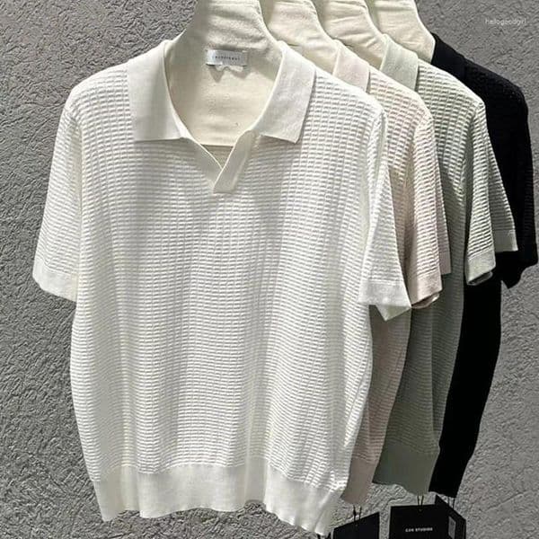 Men's Polos Summer Short Sleeve Polo Shirt Seagull Collar Hollow Out Breathable Knitted T-Shirt Solid Color Casual Slim Fit Top