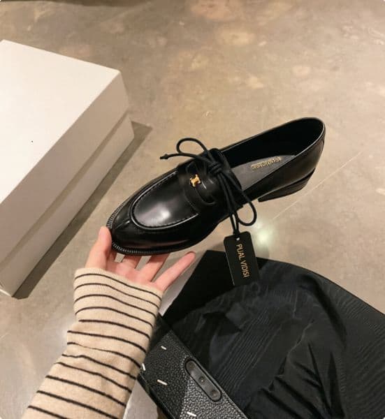 Womens Black Leather Penny Loafers Gold Metal Buckle Slip On For Office Casual Daily Wear