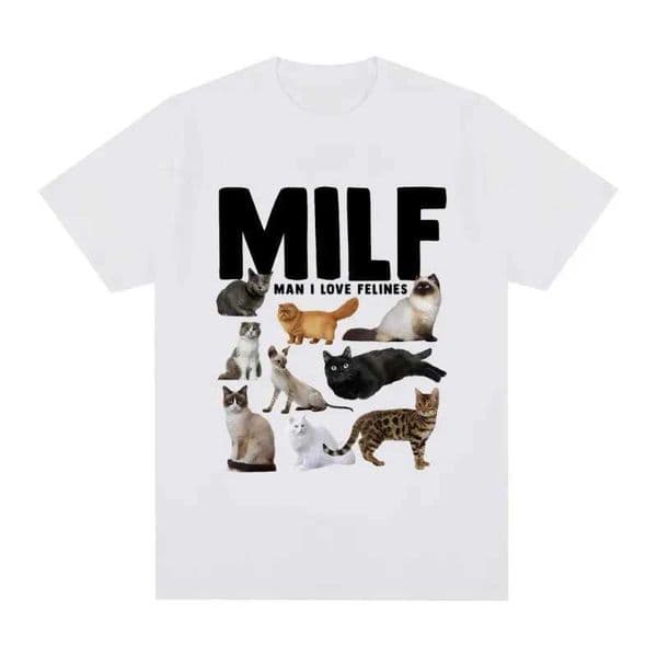 MILF Man I Love Felines Fun Meme T-shirt with Cat Enthusiast Pattern Casual Fashion Trend Comfortable and Loose T-shirt D260528