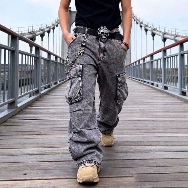 Multi-pocket workwear jeans for men, American style trendy brand, high street loose fit hip-hop wide-leg straight pants
