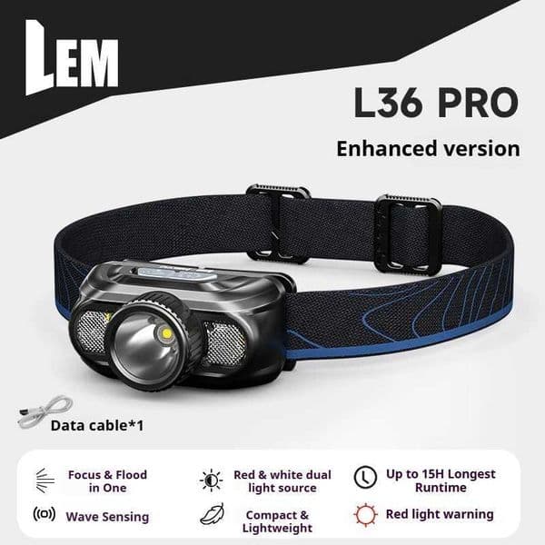 LEM LED Sensor Headlamp Rechargeable 800LM Ultralight Type-C Motion Sensor Headlight Power Display for Fishing Outdoors S260527