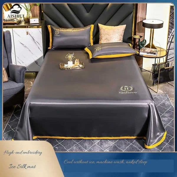3pc Set New Embroidered Bed Sheet Ice Silk Mattress Cover Fitted Sheet Queen King Size Fabric Single Double Sheet Home SheetsR260528
