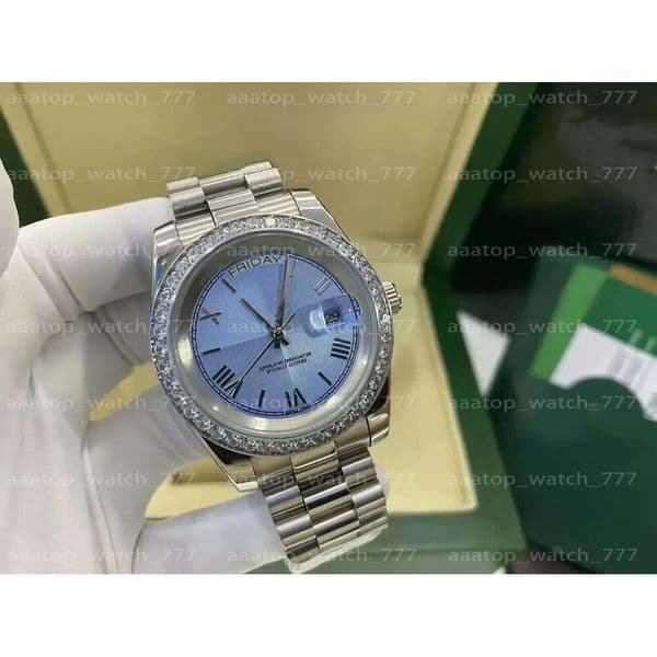 Certificate 18k Gold President Male Watches Day Date Diamonds Blue Dial Watch Men Stainless Diamond Bezel Automatic Wristwatch