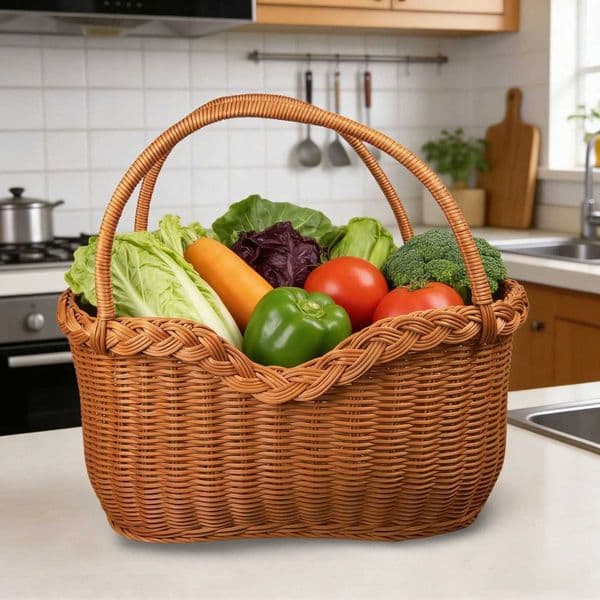 Handwoven Imitation Rattan Picnic Vegetable Shopping Harvest Basket Handle Rustic Style Portable Basket for Home Garden DecorJ260527