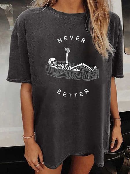 NEVER BETTER Funny Hallown Skeletons Graphic Print Women T Shirt Short Slve Drop Shoulder Casual Tops for Women Clothes D260528